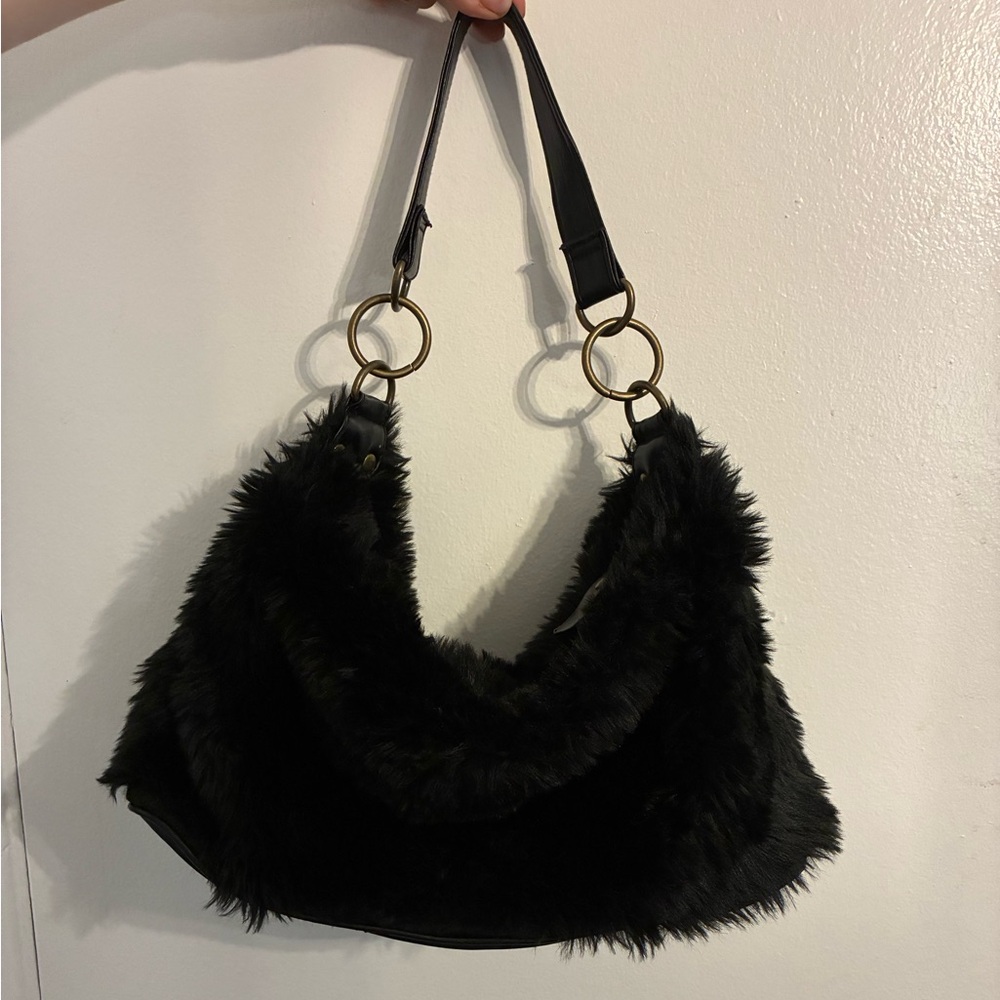 Elegant Black Faux Fur Shoulder Bag y2k